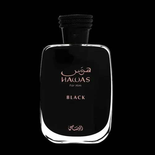 Imagen del perfume Rasasi Hawas Black EDP para hombre, frasco rectangular negro con detalles plateados y tapa metálica, fragancia masculina ambarada y especiada con manzana, azafrán y vainilla, disponible en Costa Rica en decants y presentación completa.