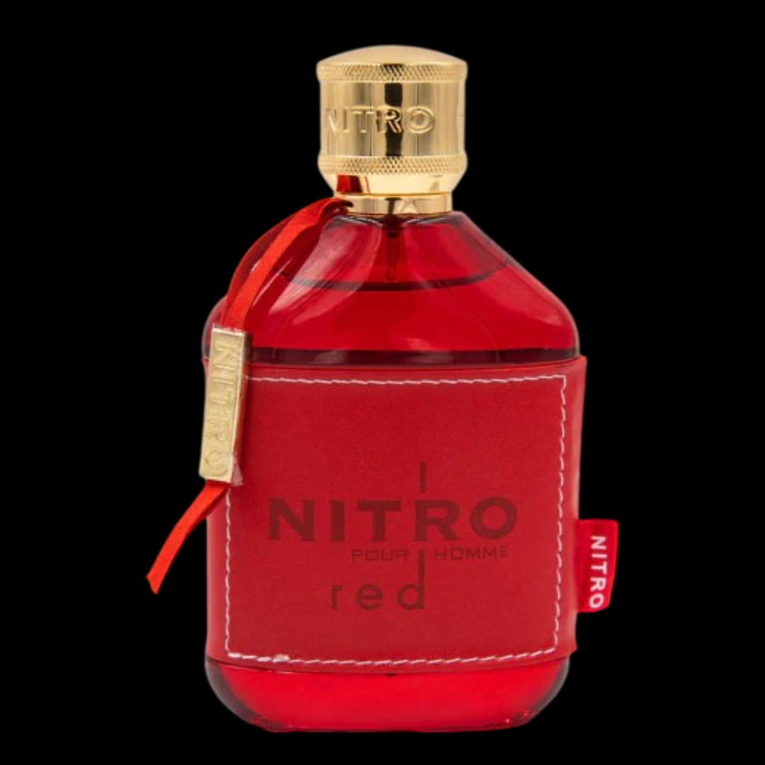 Imagen del perfume Nitro Red de Dumont for Men 100 ml, frasco rojo con tapa metálica, fragancia dulce, afrutada y amaderada, disponible en Costa Rica.