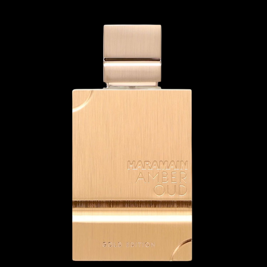 Imagen del perfume Al Haramain Amber Oud EDP unisex, frasco rectangular elegante en dorado con tapa cuadrada metálica, fragancia oriental ambarada con oud y vainilla, disponible en Costa Rica en decants y presentación completa.