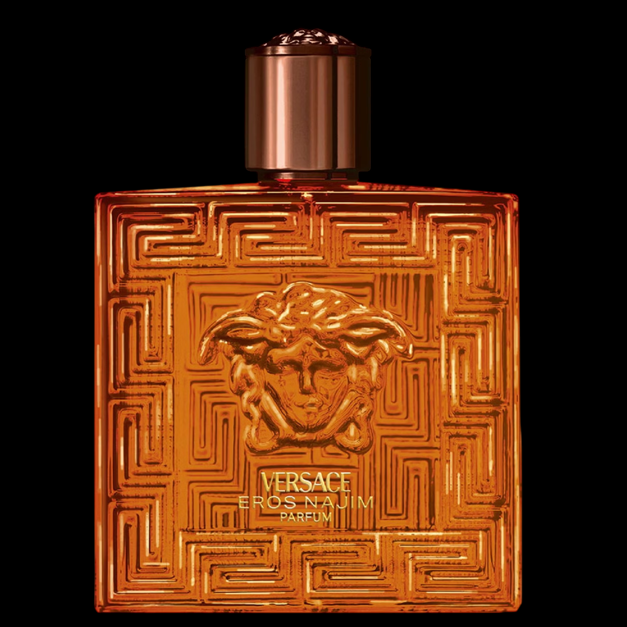 Imagen del perfume Versace Eros Najim Parfum para hombre, frasco dorado-ámbar con diseño Medusa y tapa metálica bronce, fragancia masculina oriental con mandarina, especias y oud, disponible en Costa Rica en decants y presentación completa.