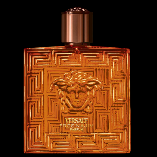 Imagen del perfume Versace Eros Najim Parfum para hombre, frasco dorado-ámbar con diseño Medusa y tapa metálica bronce, fragancia masculina oriental con mandarina, especias y oud, disponible en Costa Rica en decants y presentación completa.