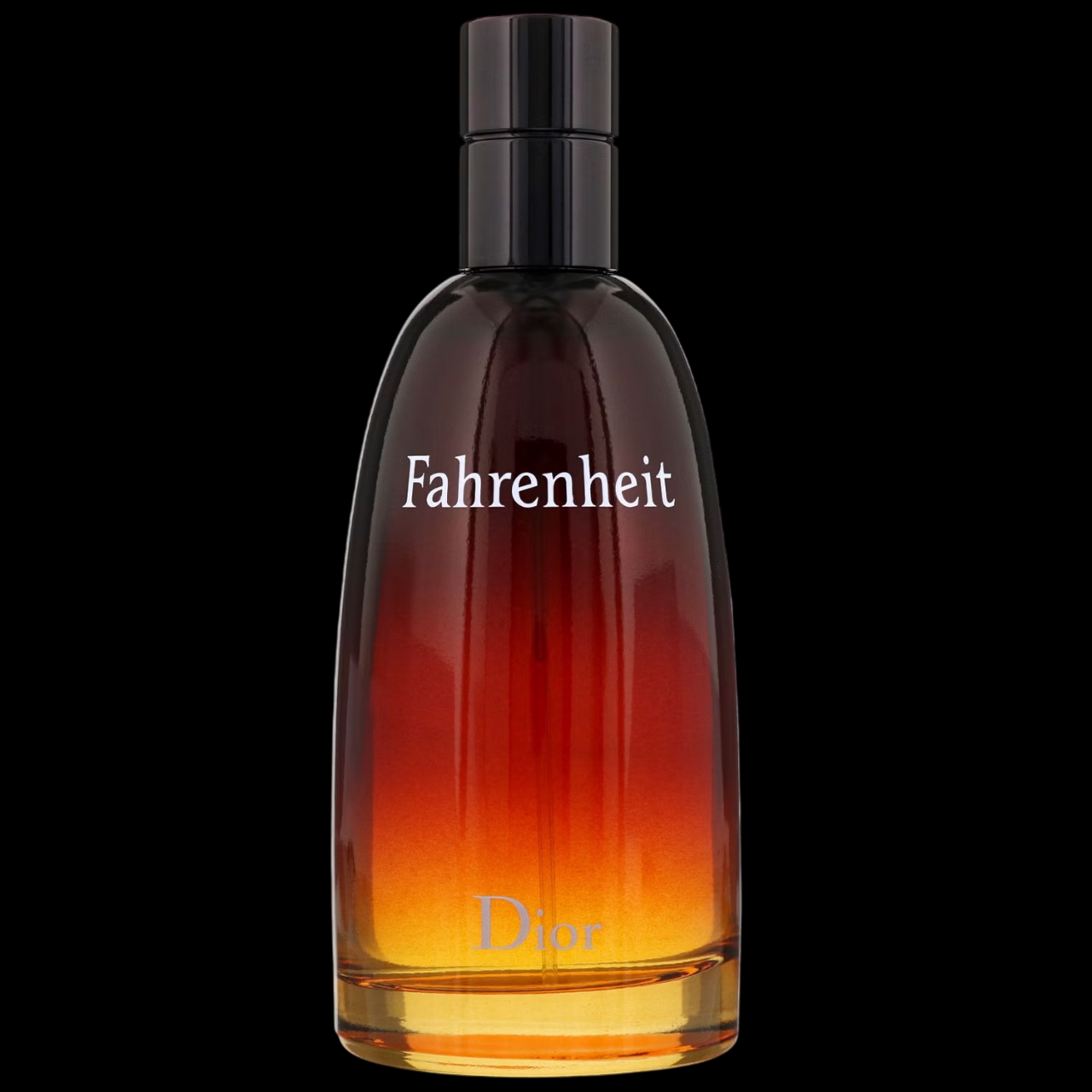 Imagen del perfume Christian Dior Fahrenheit EDT para hombre, frasco degradado en tonos rojos y ámbar con tapa negra, fragancia de cuero aromático con cítricos y especias, disponible en Costa Rica en decants y botella completa.
