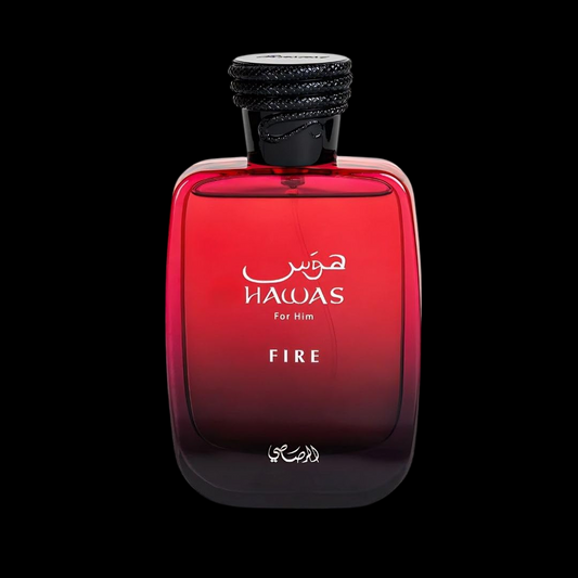 Imagen del perfume Rasasi Hawas Fire EDP para hombre, frasco rectangular rojo con detalles plateados y tapa metálica, fragancia masculina oriental especiada con manzana, canela y ámbar, disponible en Costa Rica en decants y presentación completa.