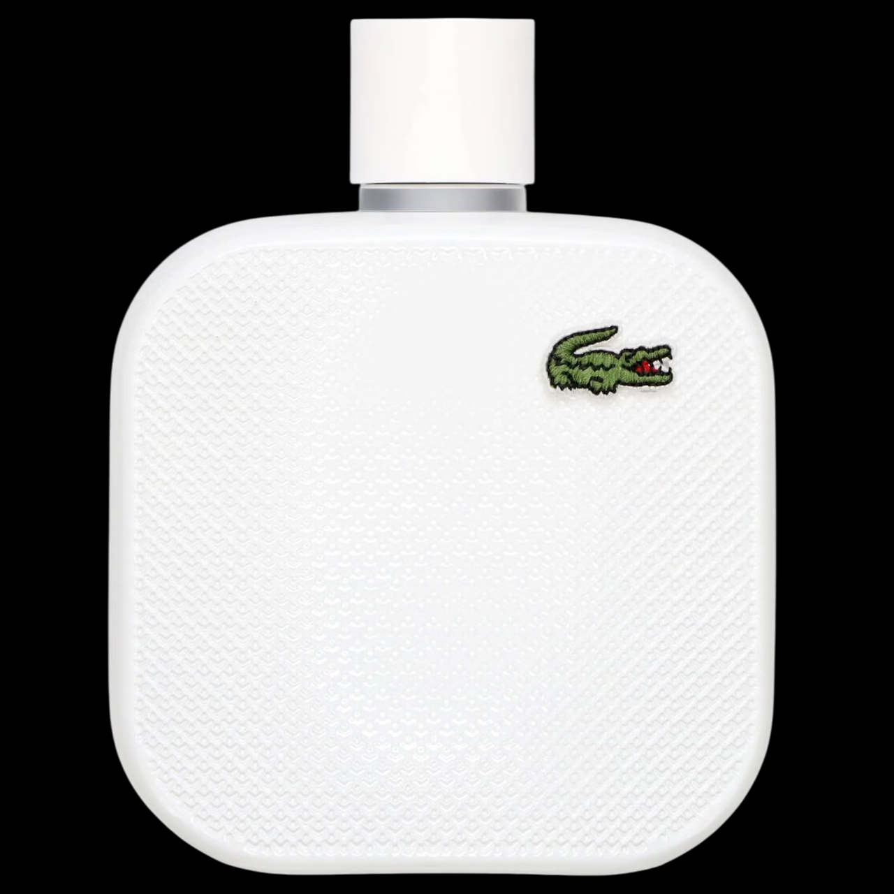 Imagen del perfume Lacoste L.12.12 Blanc EDT para hombre, frasco cuadrado blanco mate con el logo de cocodrilo verde característico, fragancia fresca y amaderada con pomelo y cedro, disponible en Costa Rica en decants y presentación completa.