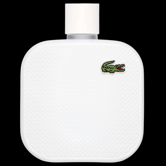 Imagen del perfume Lacoste L.12.12 Blanc EDT para hombre, frasco cuadrado blanco mate con el logo de cocodrilo verde característico, fragancia fresca y amaderada con pomelo y cedro, disponible en Costa Rica en decants y presentación completa.