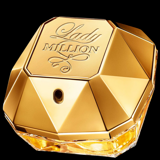 Imagen del perfume Paco Rabanne Lady Million EDP para mujer, frasco en forma de diamante dorado facetado, fragancia femenina floral afrutada con frambuesa, jazmín y miel, disponible en Costa Rica en decants y presentación completa.