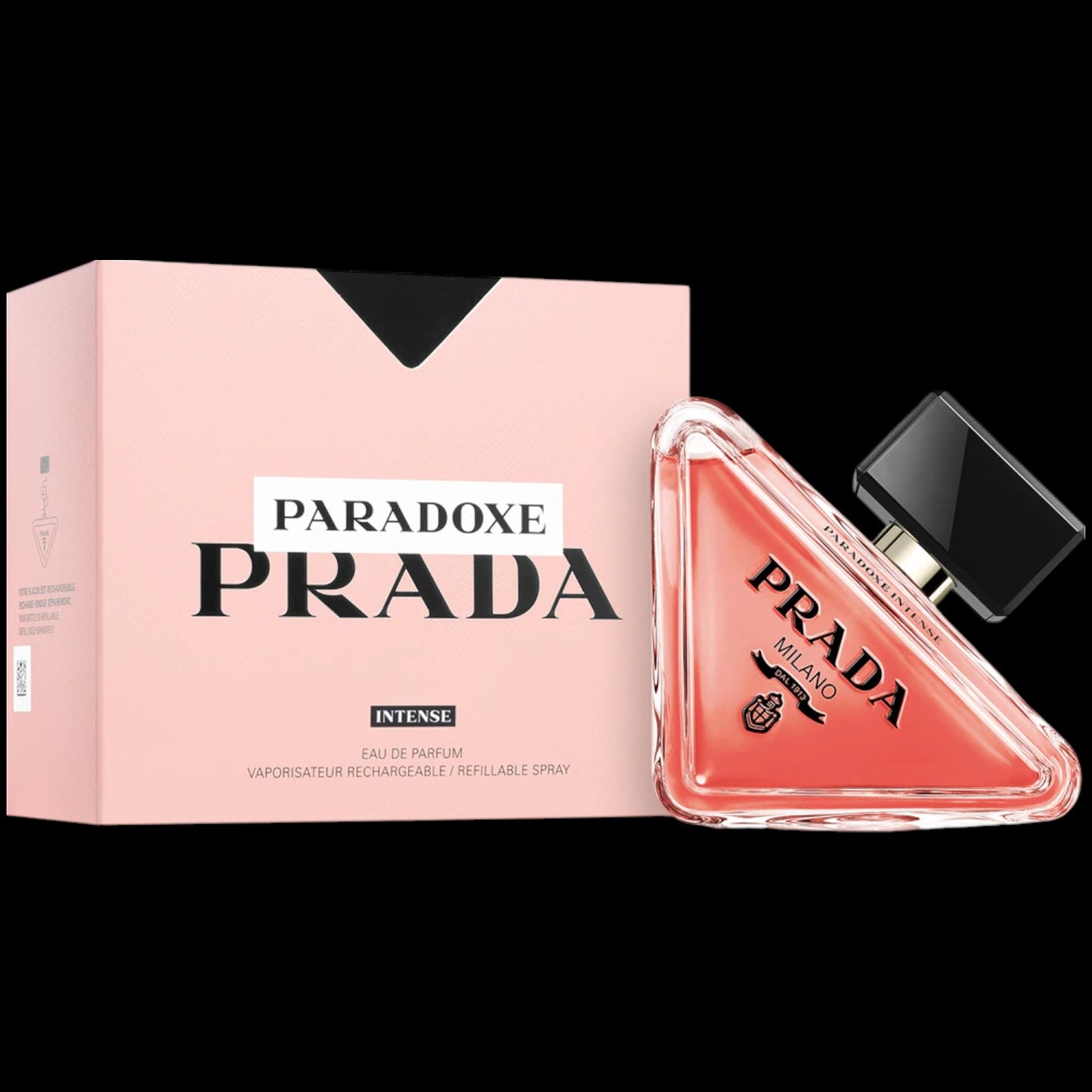 Frasco de perfume Prada Paradoxe Intense, botella triangular con el líquido en un tono rosado más oscuro e intenso. Fragancia original disponible en Costa Rica en formato completo y decants.