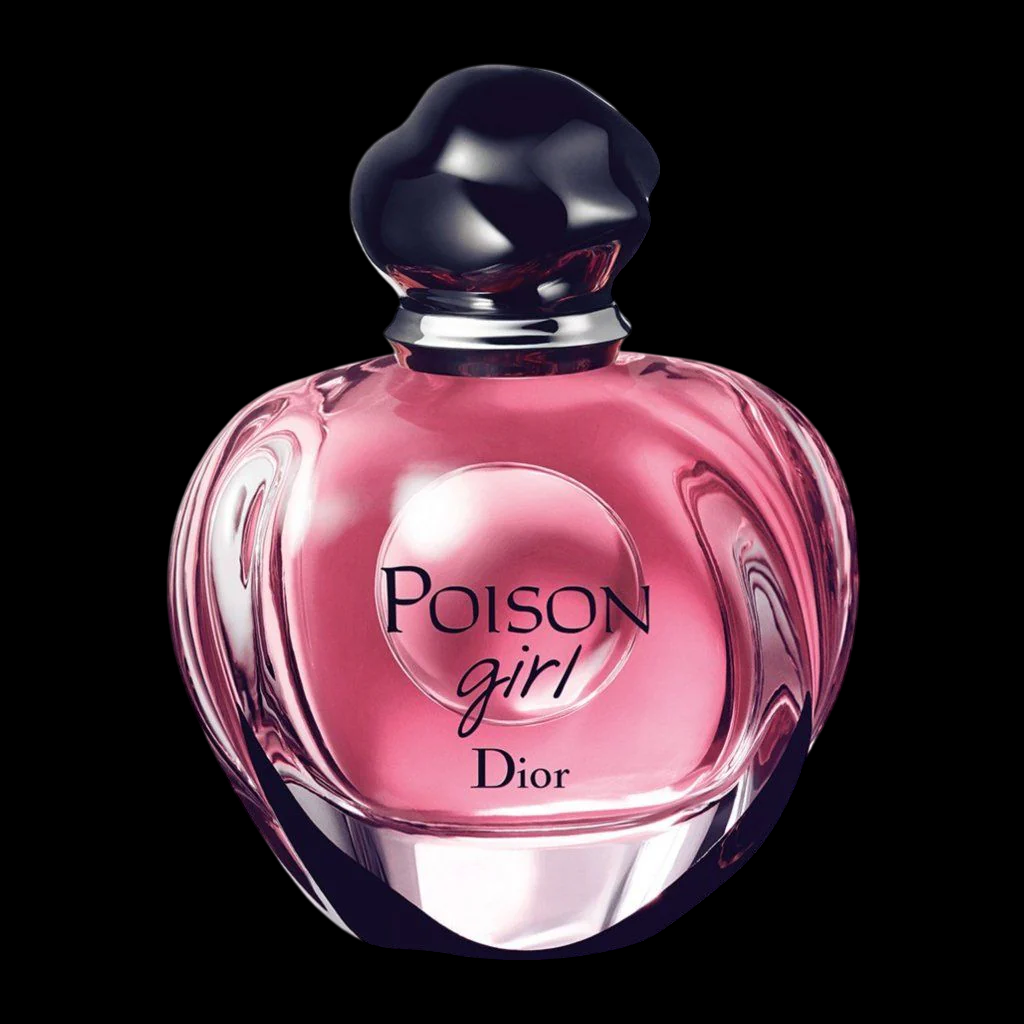 Imagen del perfume Christian Dior Poison Girl EDT para mujer, frasco redondeado en tonos rosados con tapa negra brillante, fragancia femenina dulce y cítrica con rosa y vainilla, disponible en Costa Rica en decants y presentación completa.