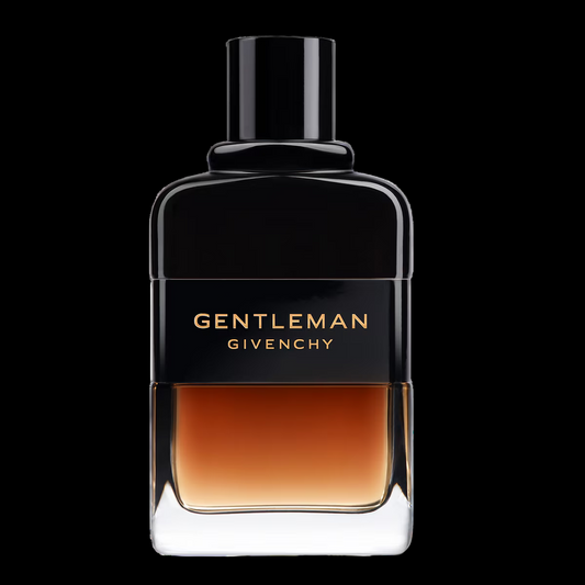 Imagen del perfume Givenchy Gentleman Réserve Privée EDP para hombre, frasco ámbar oscuro con degradado elegante y tapa negra, fragancia ambarada con iris y whisky, disponible en Costa Rica en decants y botella completa.