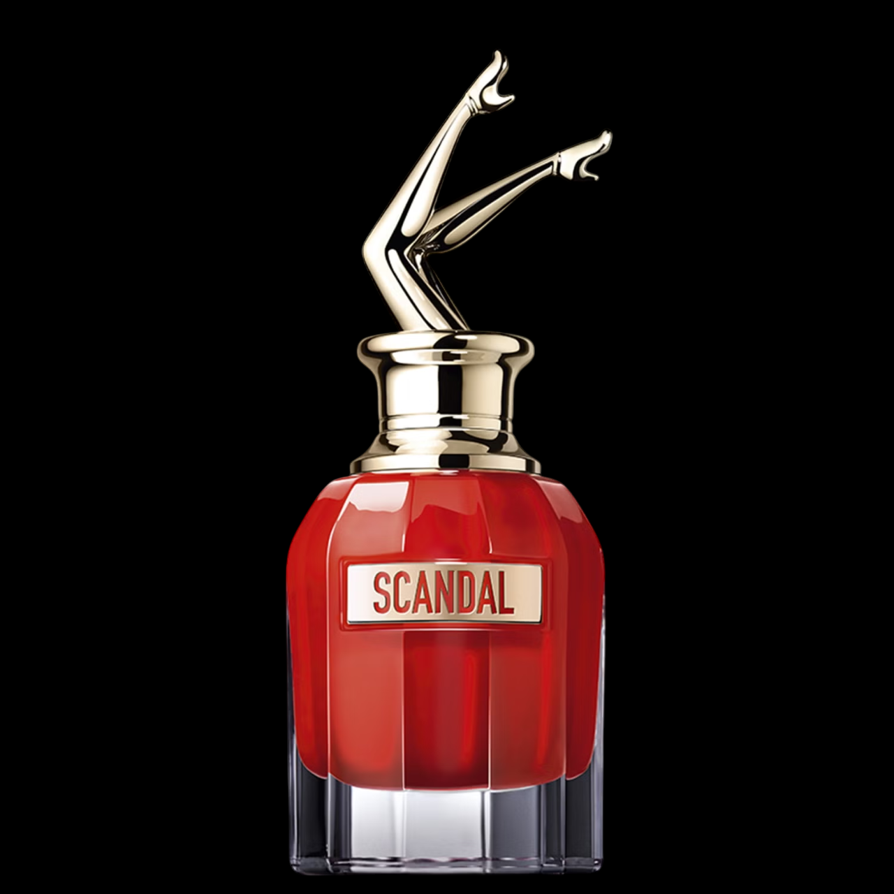 Imagen del perfume Jean Paul Gaultier Scandal Le Parfum EDP para mujer, frasco rojo intenso con tapón en forma de piernas doradas al aire, fragancia floral gourmand con miel y vainilla, disponible en Costa Rica en decants y presentación completa.