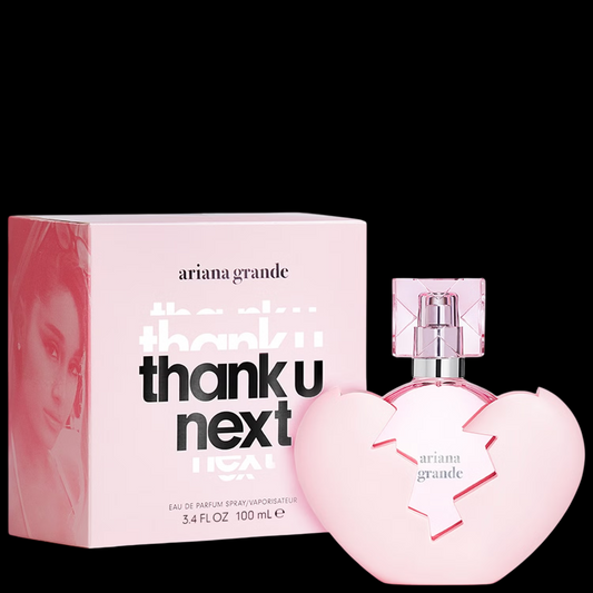 Imagen del perfume Ariana Grande Thank U Next EDP para mujer, frasco rosa en forma de corazón con base rota, fragancia femenina floral afrutada con coco, frambuesa y pera, disponible en Costa Rica en presentación completa.
