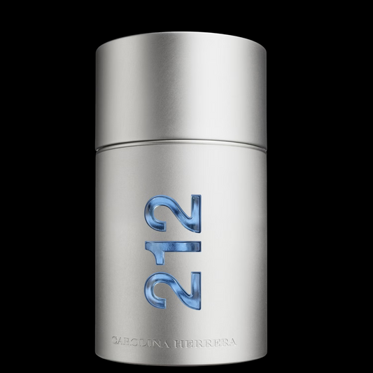 Imagen del perfume Carolina Herrera 212 Men EDT para hombre, frasco cilíndrico gris metálico con el logo 212 grabado, fragancia masculina fresca y amaderada con cítricos y jengibre, disponible en Costa Rica en decants y presentación completa.