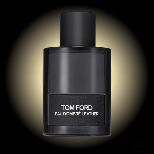 Imagen del perfume Tom Ford Eau d'Ombré Leather EDP 50 ml para hombre, frasco negro elegante con placa de cuero, fragancia especiada y suave de cuero y vainilla, disponible en Costa Rica en decants y botella completa.