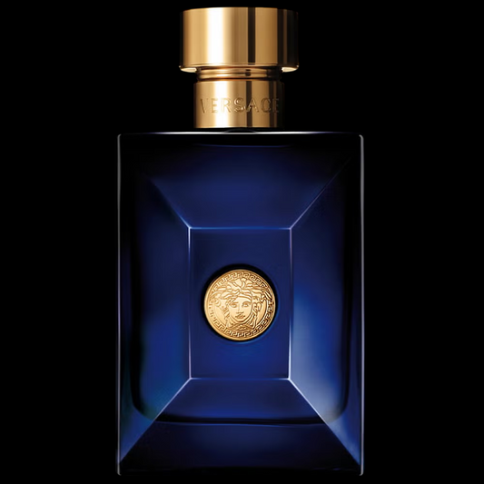 Imagen del perfume Versace Dylan Blue para hombre, frasco azul marino con medusa dorada, fragancia fresca amaderada, disponible en Costa Rica.