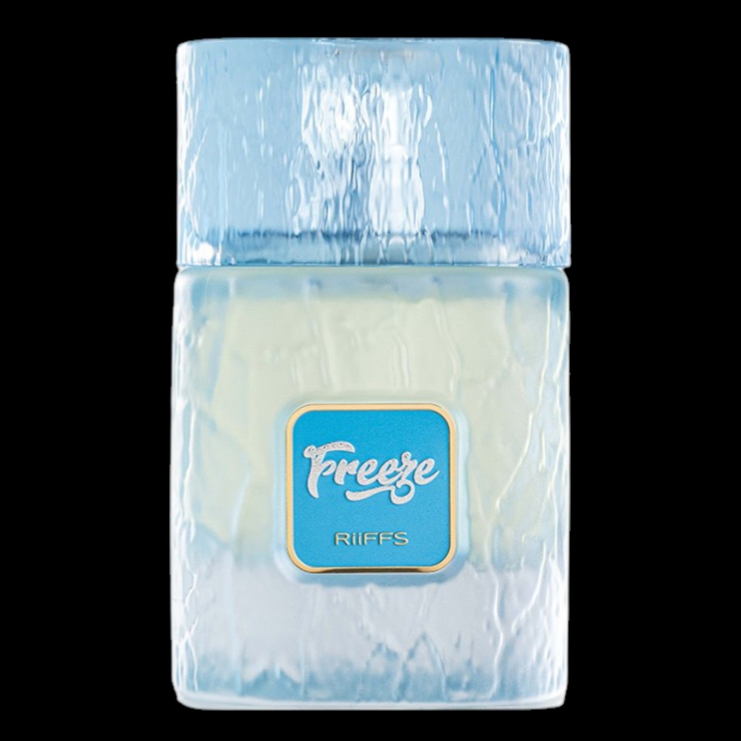 Frasco de perfume Riffs Freeze, botella con diseño moderno y tonos azules que evocan el hielo y la frescura. Fragancia masculina original disponible en Costa Rica en formato completo y decants.