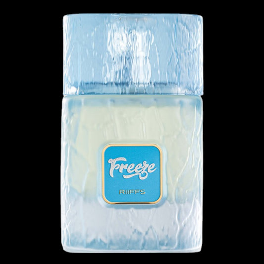 Frasco de perfume Riffs Freeze, botella con diseño moderno y tonos azules que evocan el hielo y la frescura. Fragancia masculina original disponible en Costa Rica en formato completo y decants.
