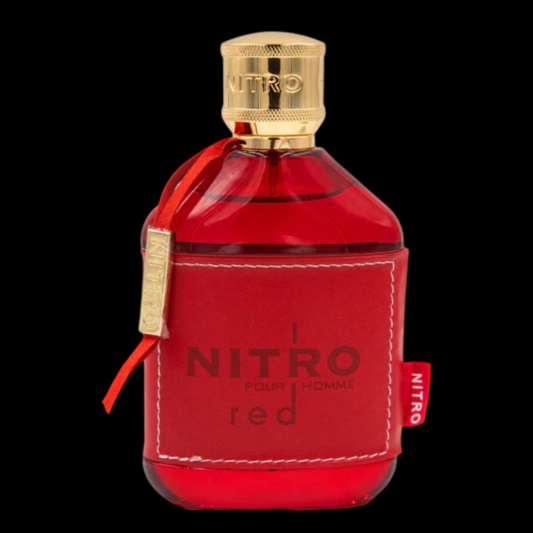 Imagen del perfume Nitro Red de Dumont for Men 100 ml, frasco rojo con tapa metálica, fragancia dulce, afrutada y amaderada, disponible en Costa Rica.