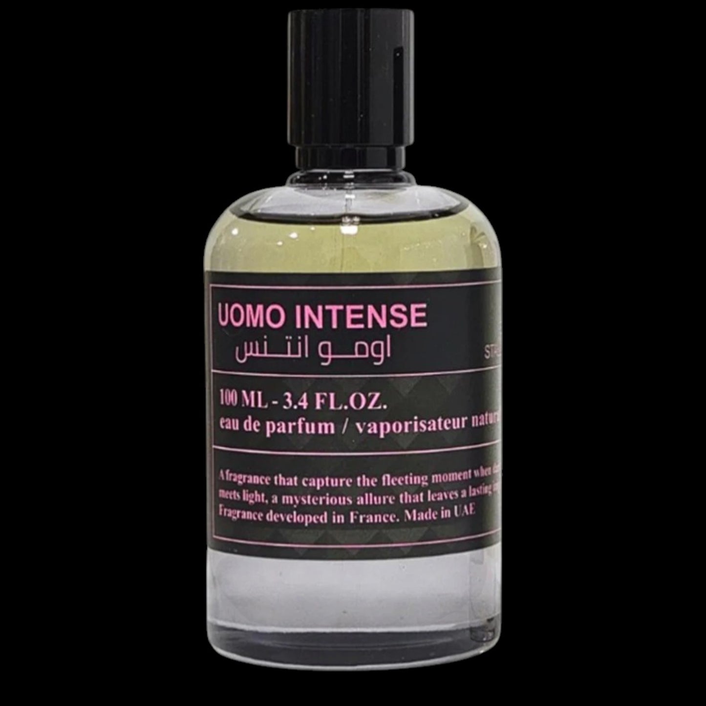 Frasco de perfume Uomo Intense de Stallion 53 por Emper, botella elegante de diseño masculino con detalles oscuros. Fragancia árabe original disponible en Costa Rica en formato completo y decants.