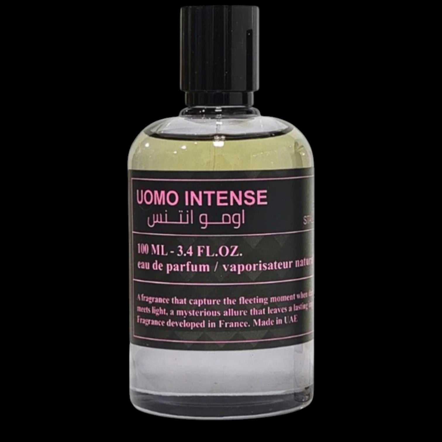 Frasco de perfume Uomo Intense de Stallion 53 por Emper, botella elegante de diseño masculino con detalles oscuros. Fragancia árabe original disponible en Costa Rica en formato completo y decants.