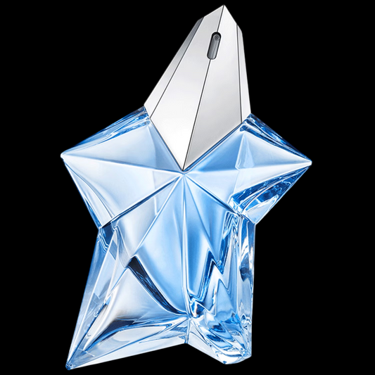 Imagen del perfume Thierry Mugler Angel EDP para mujer, frasco en forma de estrella facetada en tonos azul celeste, fragancia gourmand intensa con miel, caramelo y chocolate, disponible en Costa Rica en decants y presentación completa.