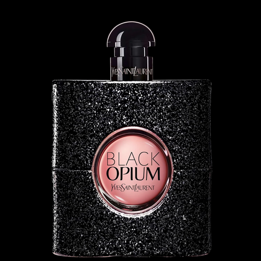 Imagen del perfume Black Opium Eau de Parfum 90 ml para mujer, frasco negro con destellos brillantes y centro rosado, fragancia intensa de YSL con café y vainilla disponible en Costa Rica en decants y presentación completa.