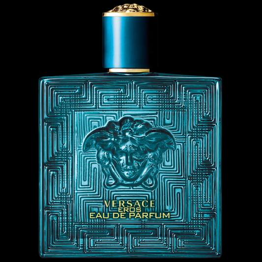 Imagen del perfume Versace Eros Eau de Parfum 100 ml para hombre, frasco azul turquesa con diseño griego y medusa dorada, fragancia fresca con menta, vainilla y maderas, disponible en Costa Rica.
