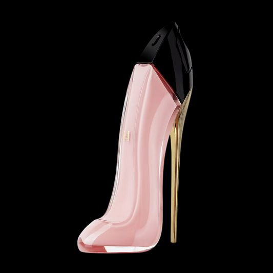 Imagen del perfume Good Girl Blush Eau de Parfum 80 ml para mujer, frasco en forma de tacón rosado con detalles dorados, fragancia floral empolvada y dulce de Carolina Herrera disponible en Costa Rica en decants y presentación completa.