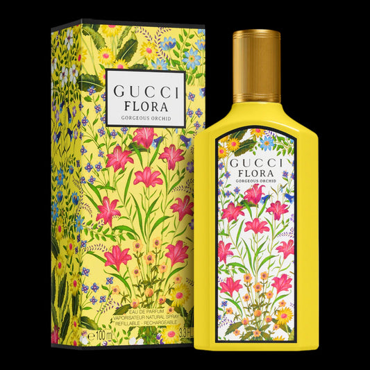 Frasco de perfume Gucci Flora Gorgeous Orchid 100ml EDP, botella lacada en color amarillo vibrante con el estampado floral icónico. Fragancia original disponible en Costa Rica en formato completo y decants.