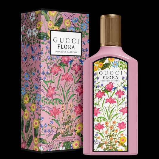 Frasco de perfume Gucci Flora Gorgeous Gardenia 100ml EDP, botella lacada en color rosa con el icónico estampado floral de la marca. Fragancia original disponible en Costa Rica en formato completo y decants.
