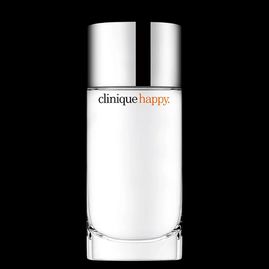 Imagen del perfume Clinique Happy para mujer, frasco cilíndrico transparente con tapa plateada y líquido ámbar claro, fragancia cítrica floral, disponible en Costa Rica.