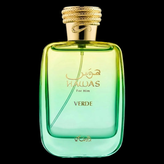 Frasco de perfume Hawas Verde de Rasasi 100ml, botella transparente con líquido en un tono verde vibrante y tapón metálico. Fragancia masculina original disponible en Costa Rica en formato completo y decants.