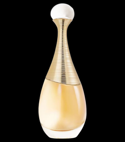 Imagen del perfume Christian Dior J’Adore EDP para mujer, frasco estilizado dorado con cuello metálico en espiral y líquido brillante, fragancia floral icónica con rosa y jazmín, disponible en Costa Rica en decants y presentación completa.