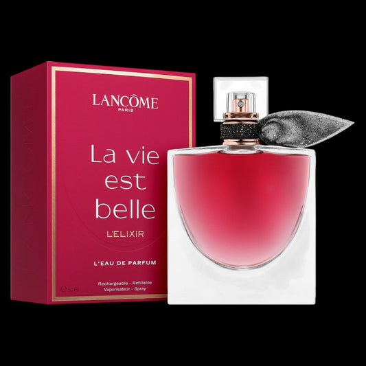 Frasco de perfume La Vie Est Belle L'Elixir de Lancôme 100ml, botella de cristal con el líquido en un tono rosado intenso y la icónica sonrisa grabada. Fragancia original disponible en Costa Rica en formato completo y decants.
