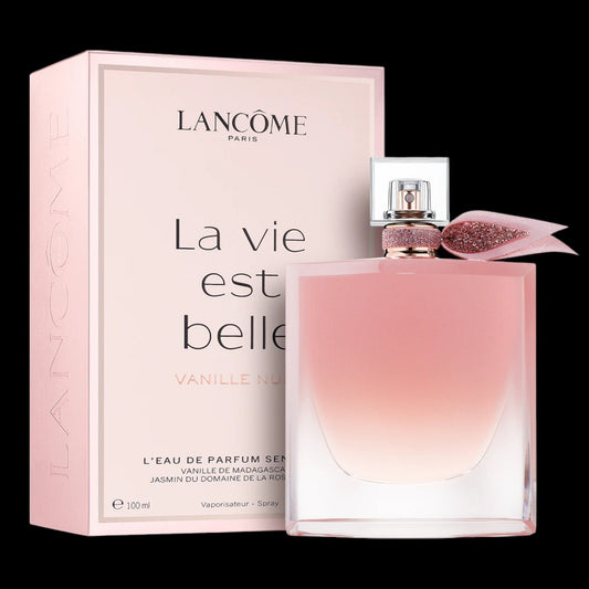 Frasco de perfume La Vie Est Belle de Lancôme 100ml en su versión de vainilla suave. Botella icónica con el líquido en tono nude. Fragancia original disponible en Costa Rica en formato completo y decants.