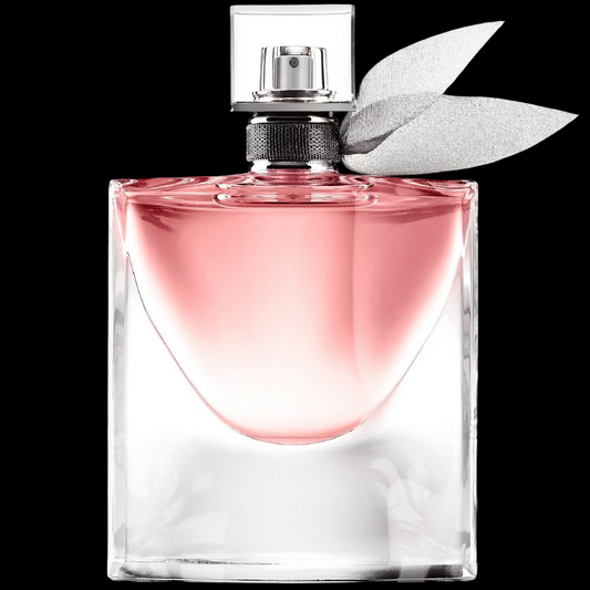 Imagen del perfume La Vie Est Belle Eau de Parfum 100 ml para mujer, frasco transparente con lazo gris y líquido rosado, fragancia floral gourmand de Lancôme disponible en Costa Rica en decants y presentación completa.