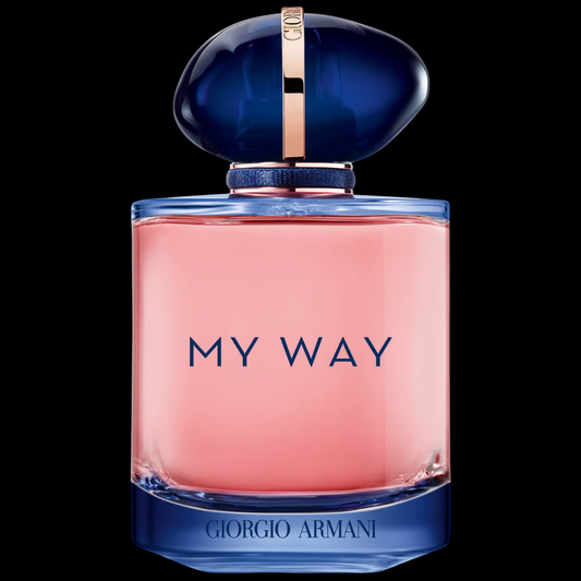 Imagen del perfume My Way Intense Eau de Parfum 90 ml para mujer, frasco azul degradado con tapa dorada y azul marino, fragancia floral blanca intensa de Giorgio Armani disponible en Costa Rica en decants y botella completa.