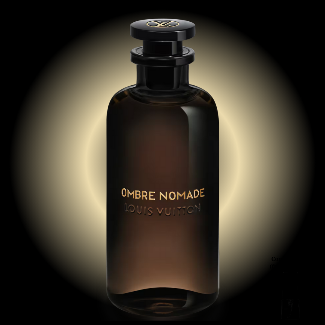 Frasco de perfume Ombre Nomade de Louis Vuitton 100ml, botella de cristal oscuro con letras doradas. Fragancia de nicho original disponible en Costa Rica en formato completo y decants.