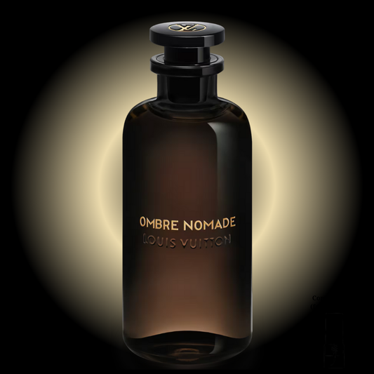 Frasco de perfume Ombre Nomade de Louis Vuitton 100ml, botella de cristal oscuro con letras doradas. Fragancia de nicho original disponible en Costa Rica en formato completo y decants.