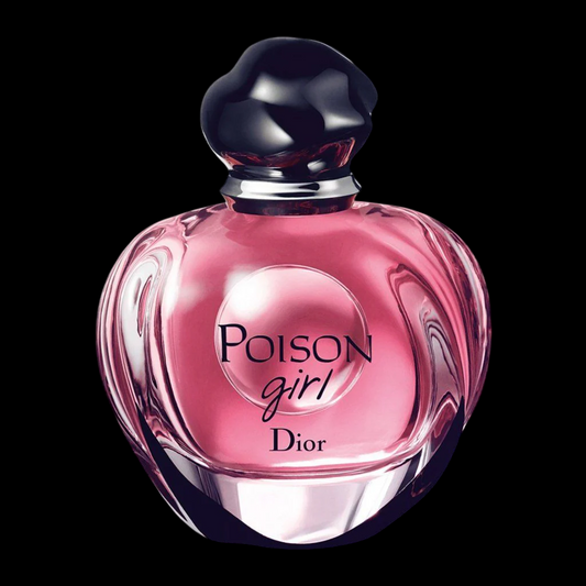 Imagen del perfume Christian Dior Poison Girl EDT para mujer, frasco redondeado en tonos rosados con tapa negra brillante, fragancia femenina dulce y cítrica con rosa y vainilla, disponible en Costa Rica en decants y presentación completa.