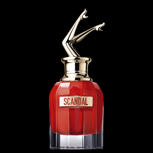 Imagen del perfume Jean Paul Gaultier Scandal Le Parfum EDP para mujer, frasco rojo intenso con tapón en forma de piernas doradas al aire, fragancia floral gourmand con miel y vainilla, disponible en Costa Rica en decants y presentación completa.