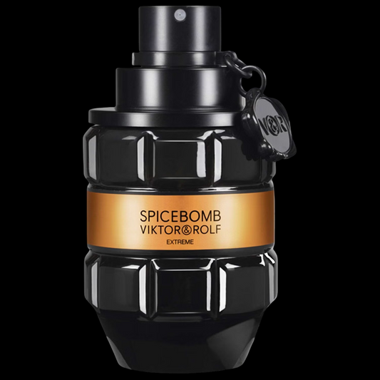 Imagen del perfume Spicebomb Extreme de Viktor & Rolf 90 ml para hombre, frasco granada negro y ámbar, fragancia intensa de especias, tabaco y vainilla disponible en Costa Rica.