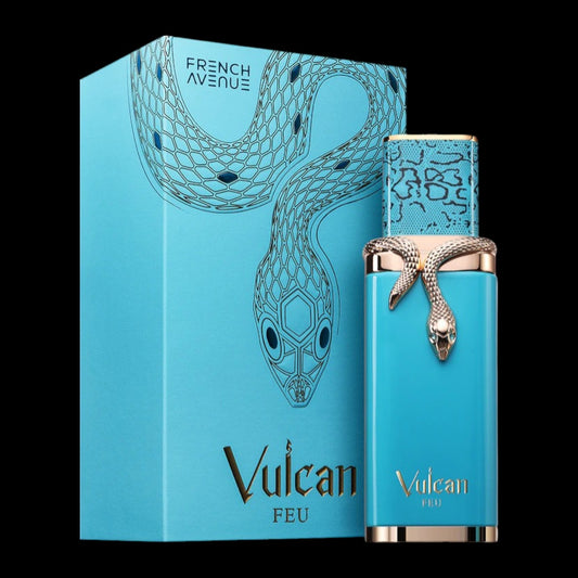 Frasco de perfume Vulcan Feu de French Avenue, botella elegante con diseño texturizado oscuro y detalles dorados. Fragancia unisex original disponible en Costa Rica en formato completo y decants.